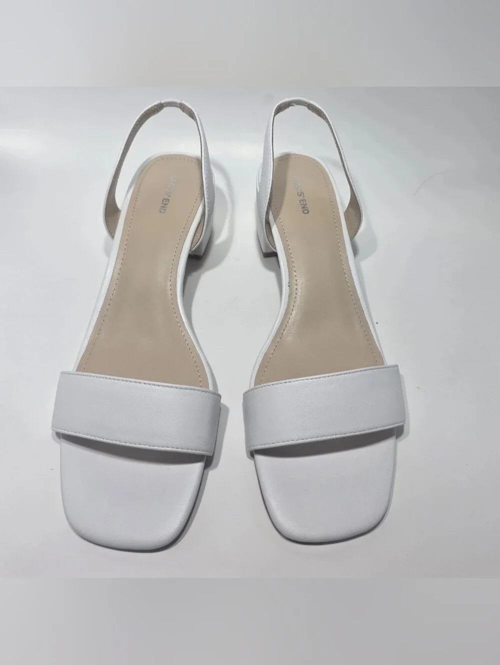 Lands’ End Women’s White Leather Slide Sandals Size Us 9 Mid Block Heel Slip On
